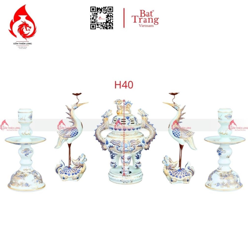 Bộ Đỉnh Hạc Ngũ Sự Men Lam Vẽ Vàng 230846