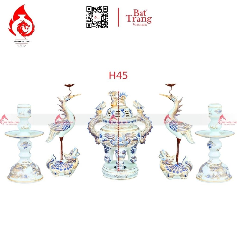 Bộ Đỉnh Hạc Ngũ Sự Men Lam Vẽ Vàng 230846