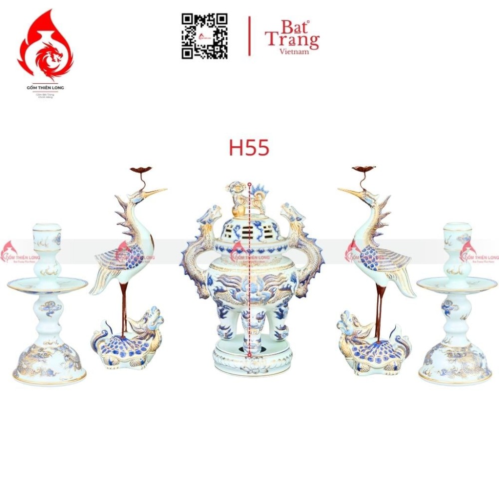 Bộ Đỉnh Hạc Ngũ Sự Men Lam Vẽ Vàng 230846