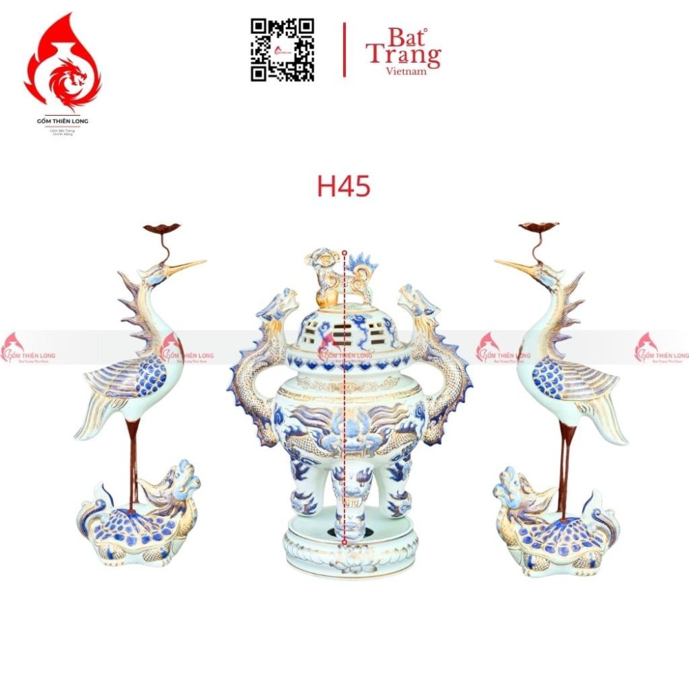 Bộ Đỉnh Hạc Tam Sự Men Lam Vẽ Vàng 230847