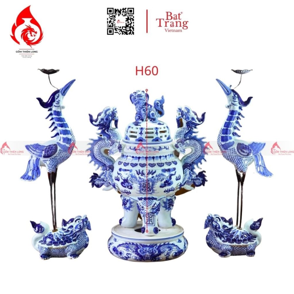 Bộ Đỉnh Hạc Tam Sự Men Lam 230848