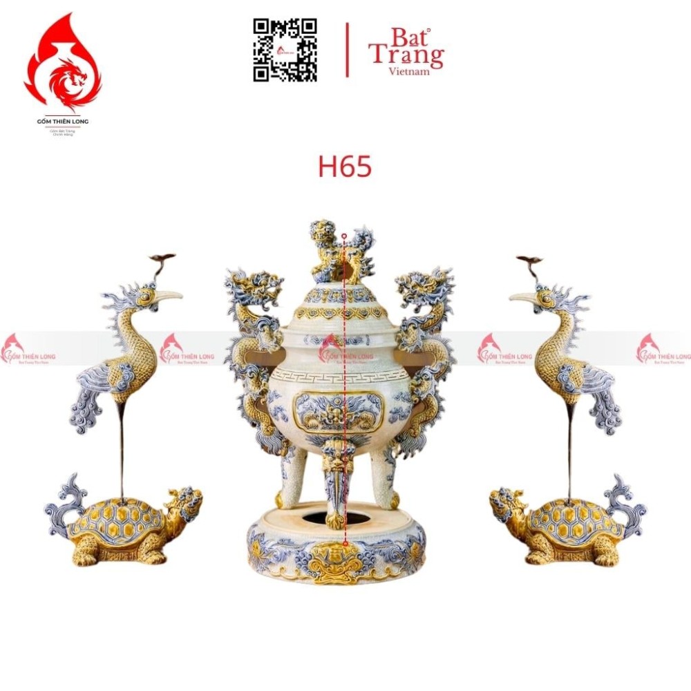 Bộ Đỉnh Hạc Tam Sự Men Rạn Đắp Nổi 230853