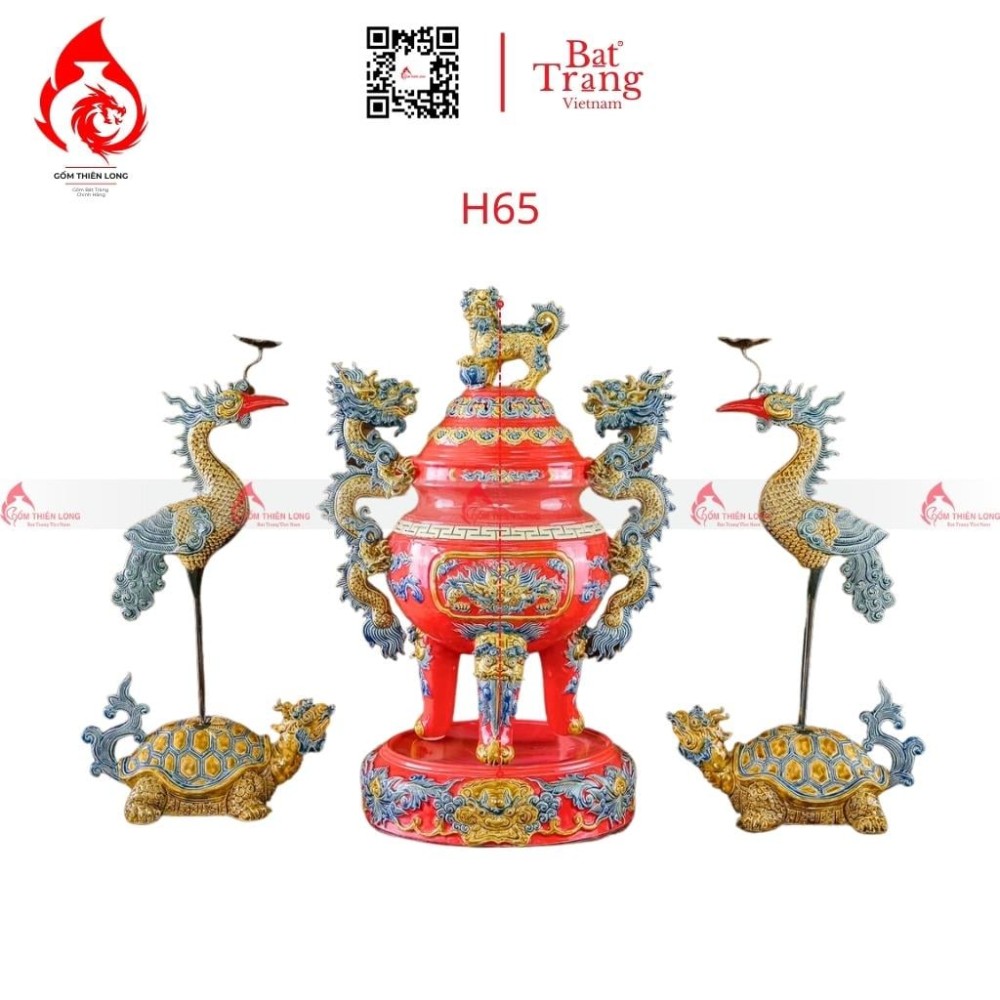 Bộ Đỉnh Hạc Tam Sự Men Đỏ Đắp Nổi 230855