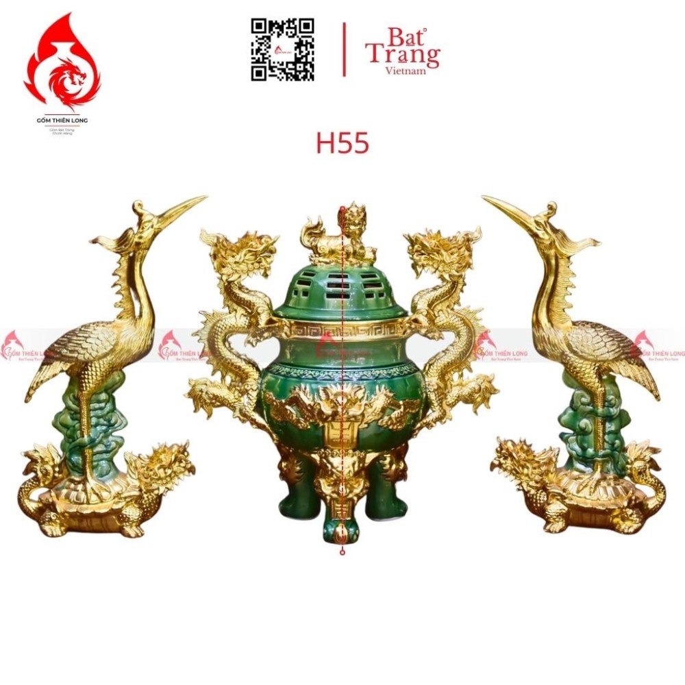 Bộ Đỉnh Hạc Chân Sứ Tam Sự Xanh Ngọc Lục Bảo Dát Vàng 230859