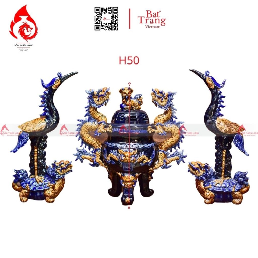 Bộ Đỉnh Hạc Chân Sứ Tam Sự Men Xanh Coban 230863