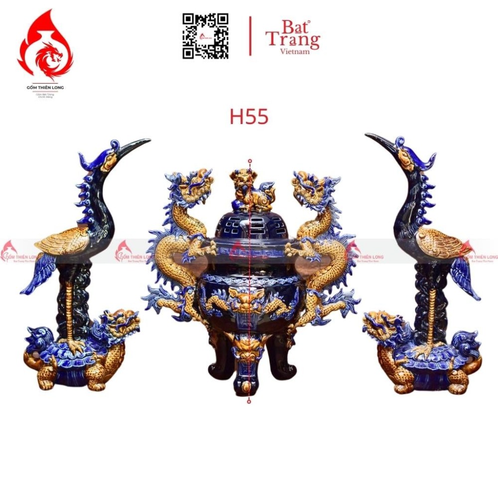 Bộ Đỉnh Hạc Chân Sứ Tam Sự Men Xanh Coban 230863