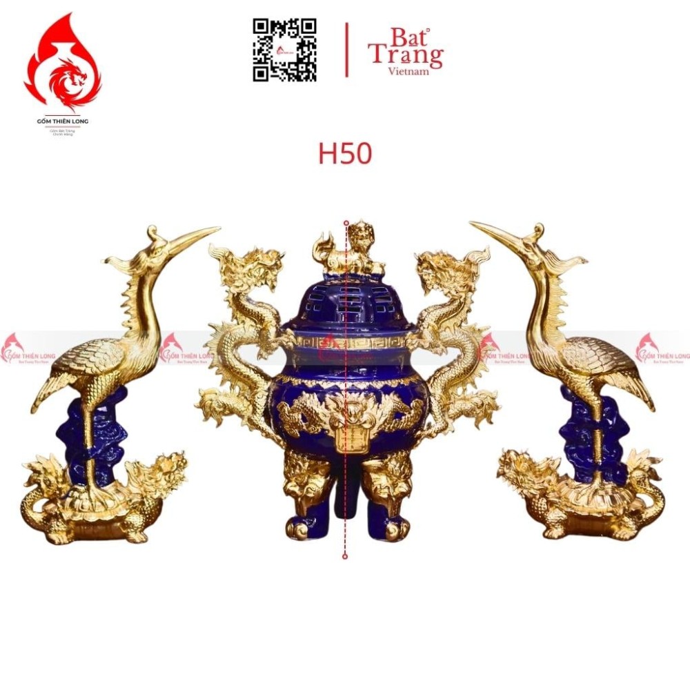 Bộ Đỉnh Hạc Chân Sứ Tam Sự Men Xanh Coban Dát Vàng 230864