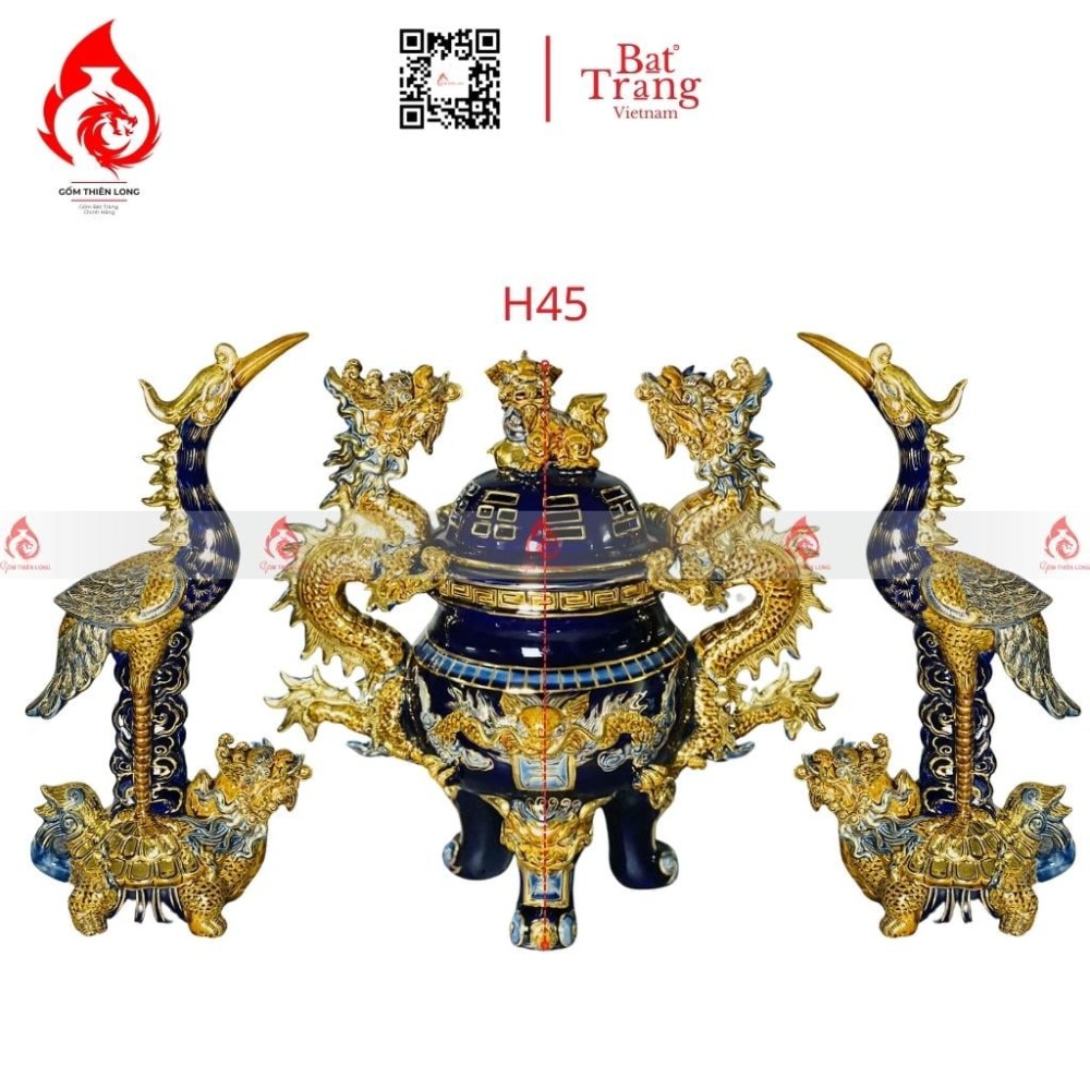 Bộ Đỉnh Hạc Chân Sứ Tam Sự Men Xanh Coban Vẽ Vàng 230865