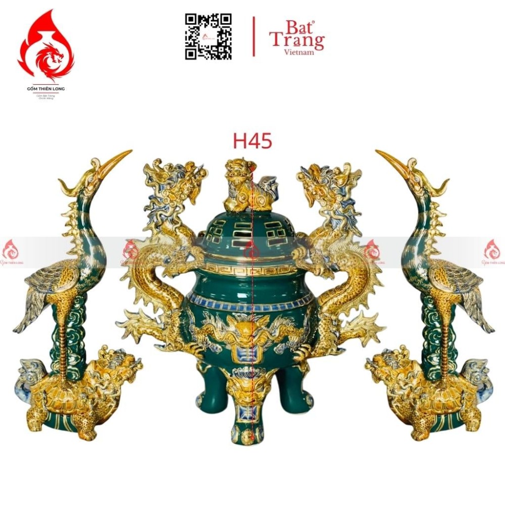 Bộ Đỉnh Hạc Chân Sứ Tam Sự Men Xanh Lục Bảo Vẽ Vàng 230866