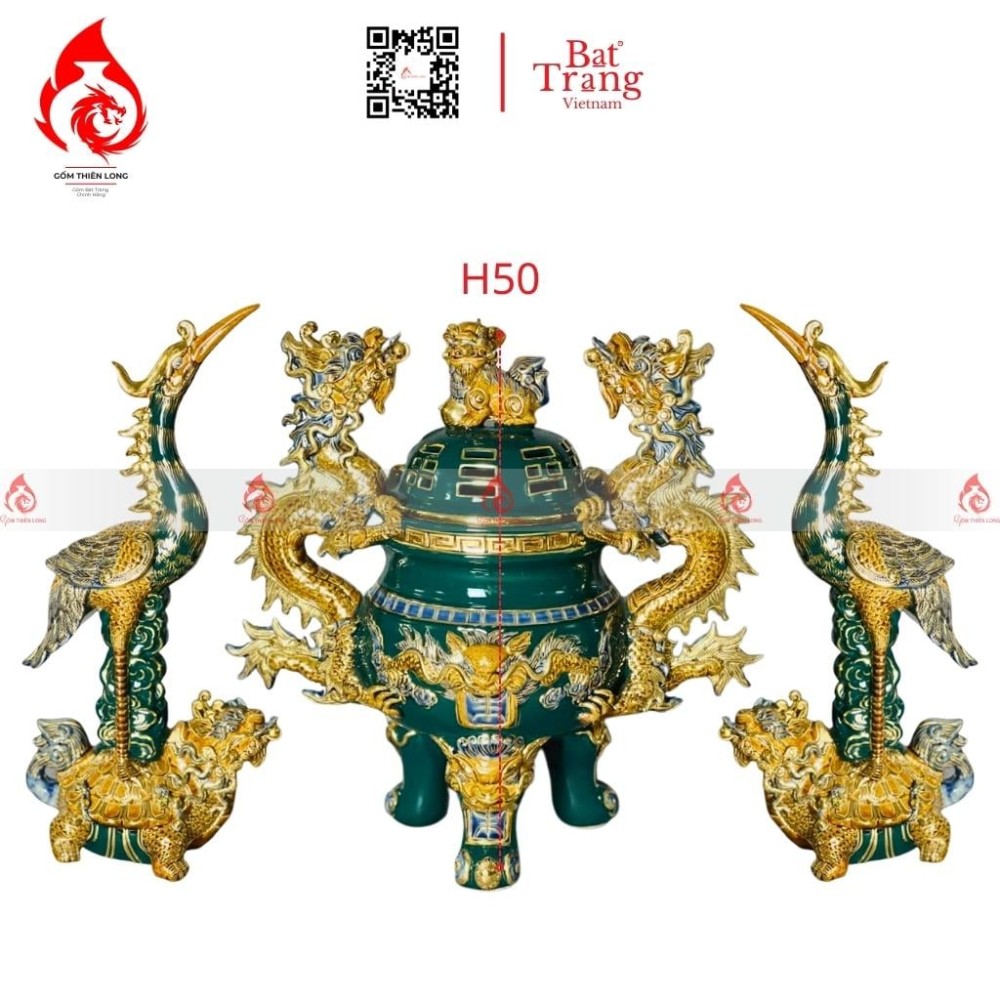 Bộ Đỉnh Hạc Chân Sứ Tam Sự Men Xanh Lục Bảo Vẽ Vàng 230866