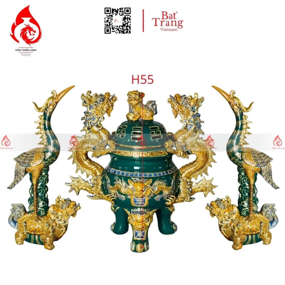 Bộ Đỉnh Hạc Chân Sứ Tam Sự Men Xanh Lục Bảo Vẽ Vàng 230866