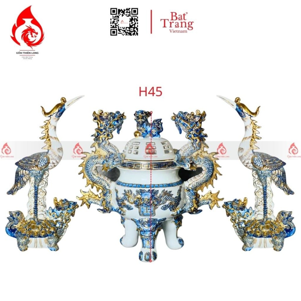 Bộ Đỉnh Hạc Chân Sứ Tam Sự Men Lam Vẽ Vàng 230867