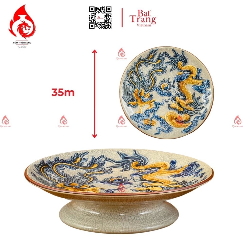 Mâm Bồng Sứ Men Rạn Đắp Rồng 230873R