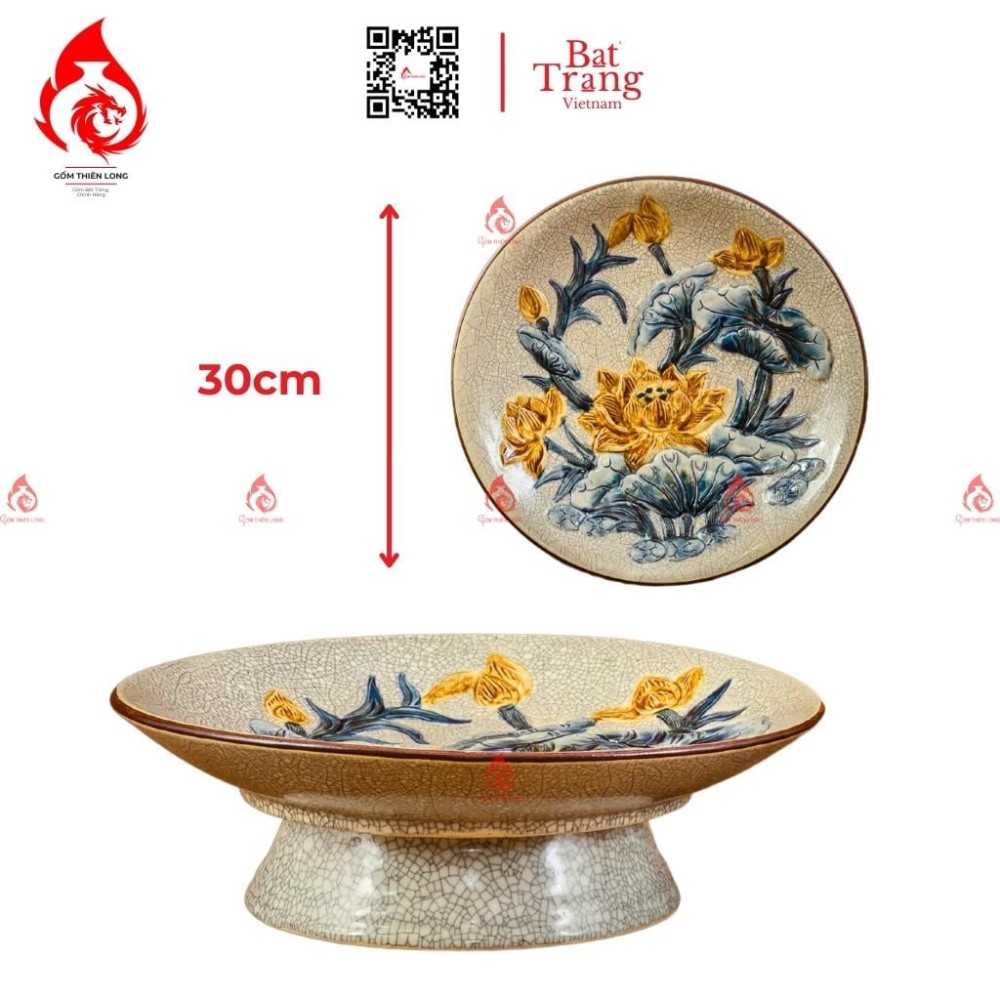 Mâm Bồng Sứ Men Rạn Đắp Sen 230873S