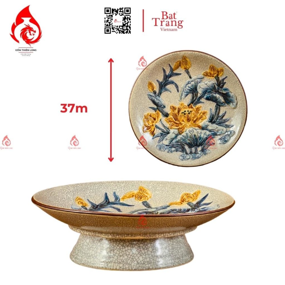 Mâm Bồng Sứ Men Rạn Đắp Sen 230873S