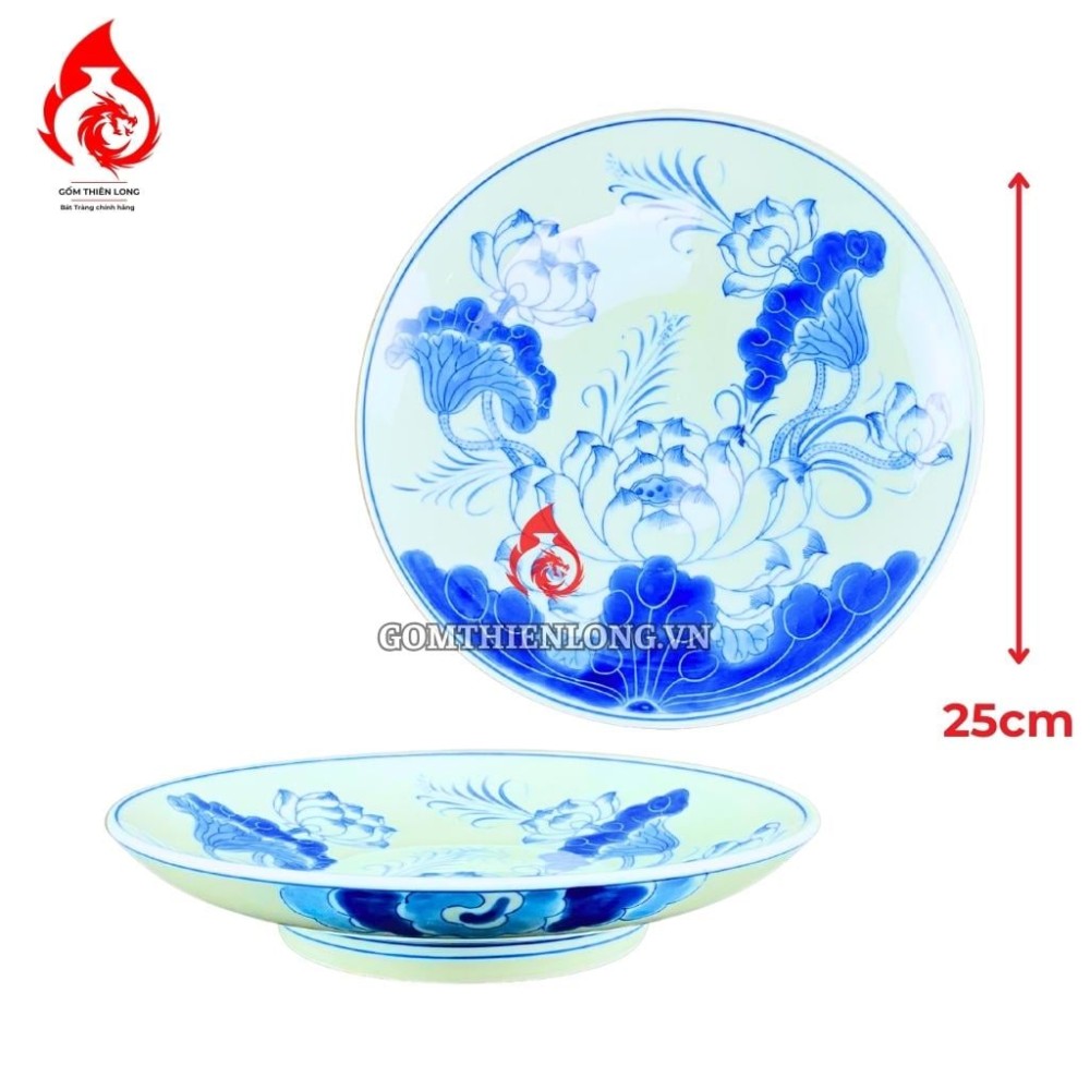 Mâm Bồng Sứ Bát Tràng Men Xanh Lam Vẽ Hoa Sen 230876