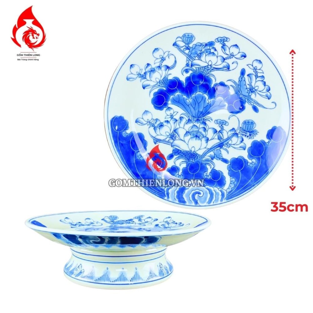 Mâm Bồng Sứ Bát Tràng Men Xanh Lam Vẽ Hoa Sen 230877
