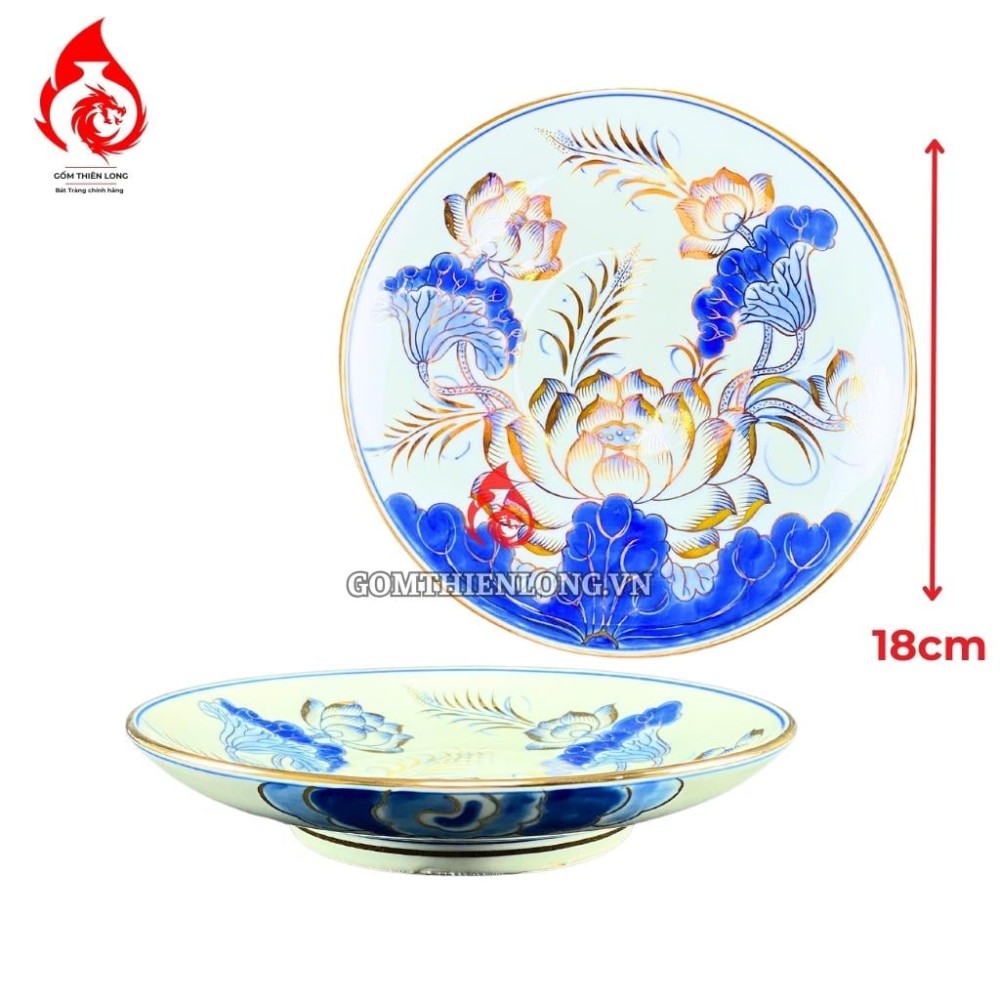 Mâm Bồng Sứ Bát Tràng Men Xanh Lam Vẽ Vàng Hoa Sen 230878