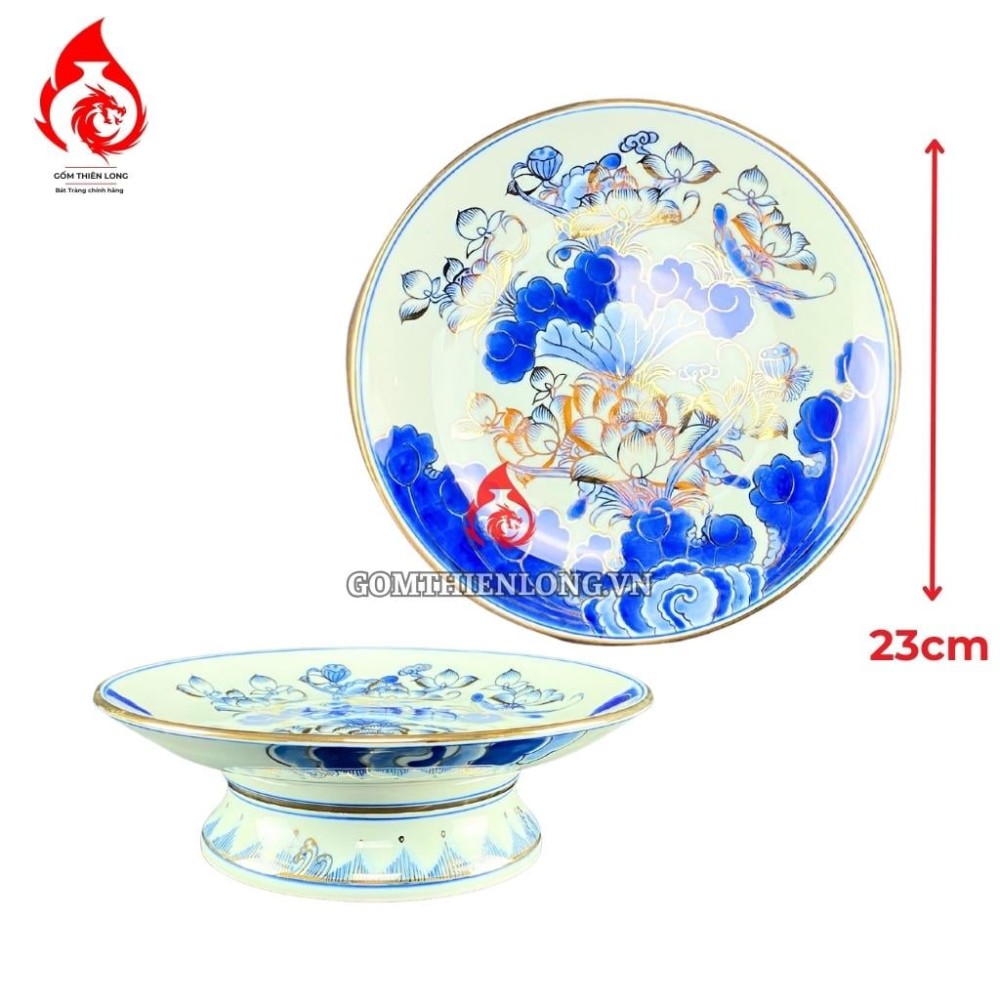 Mâm Bồng Sứ Bát Tràng Men Xanh Lam Vẽ Vàng Hoa Sen 230879