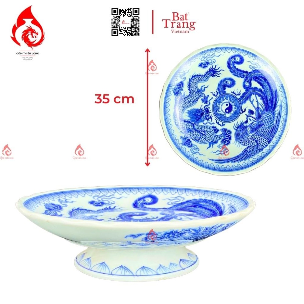 Mâm Bồng Sứ Men Lam Vẽ Rồng Phượng 230880