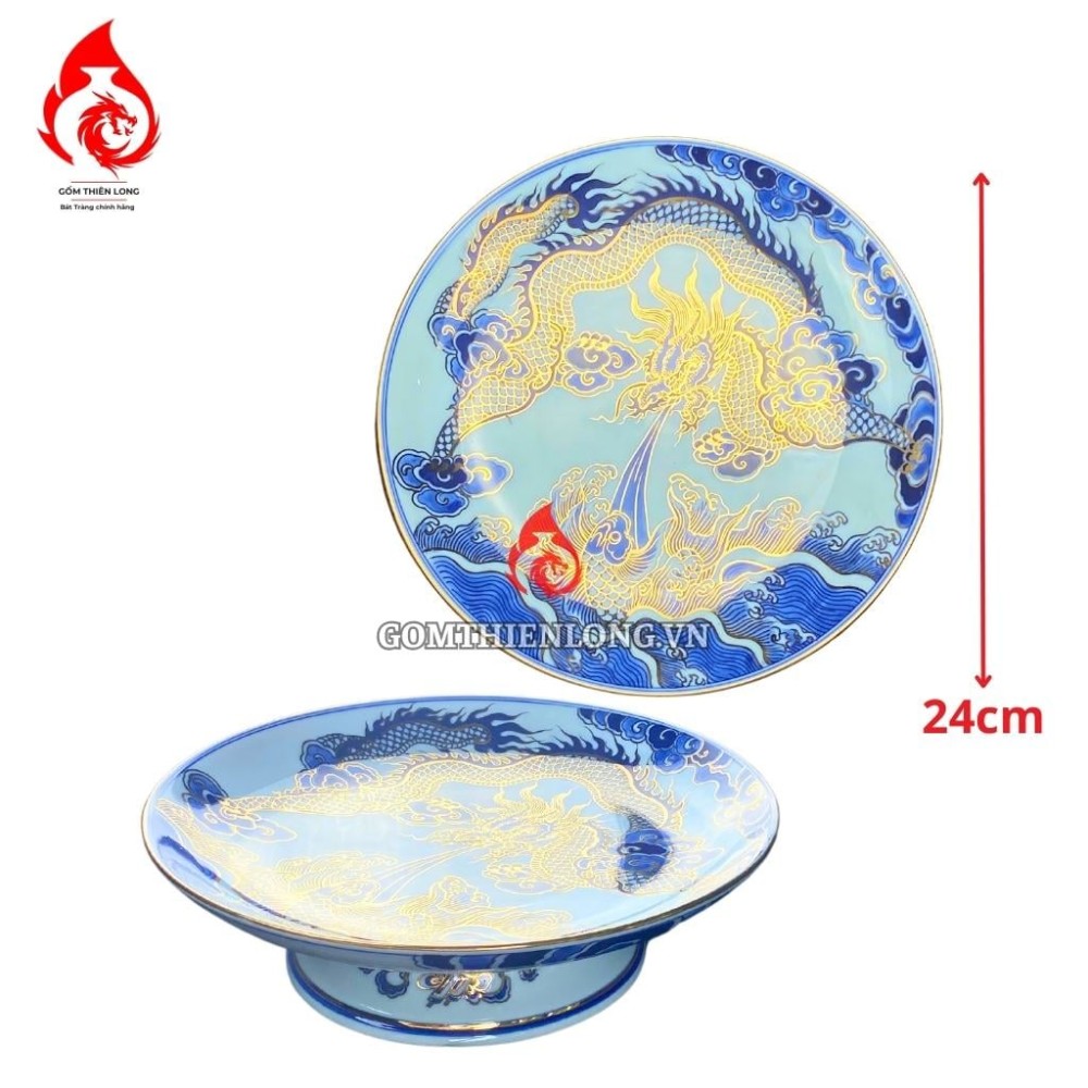 Mâm Bồng Sứ Bát Tràng Men Lam Vẽ Vàng Long Cuốn Thủy 230881