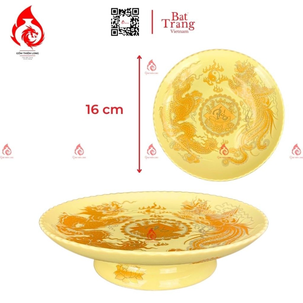 Mâm Bồng Sứ Men Vàng Vẽ Rồng Phượng 230882