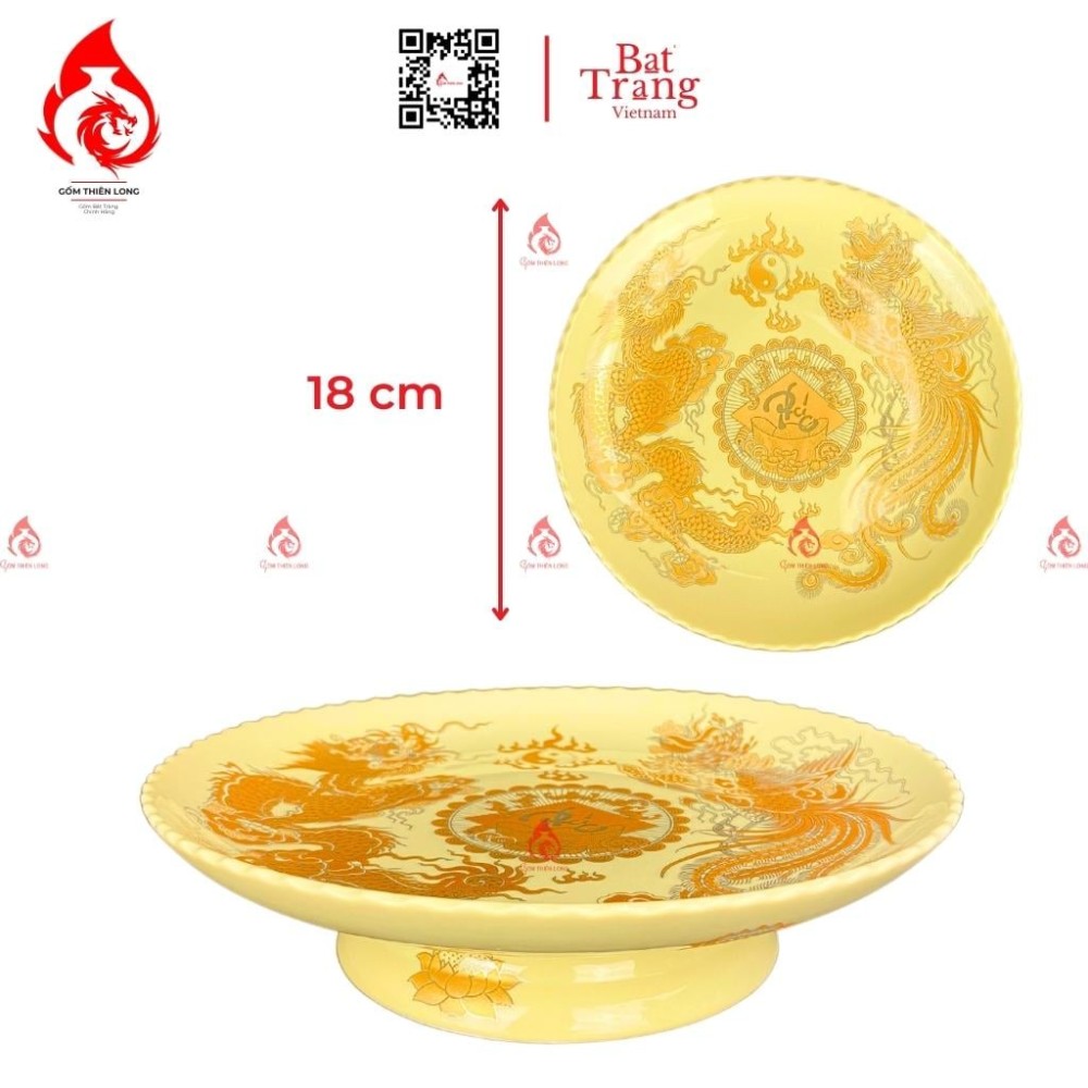 Mâm Bồng Sứ Men Vàng Vẽ Rồng Phượng 230882