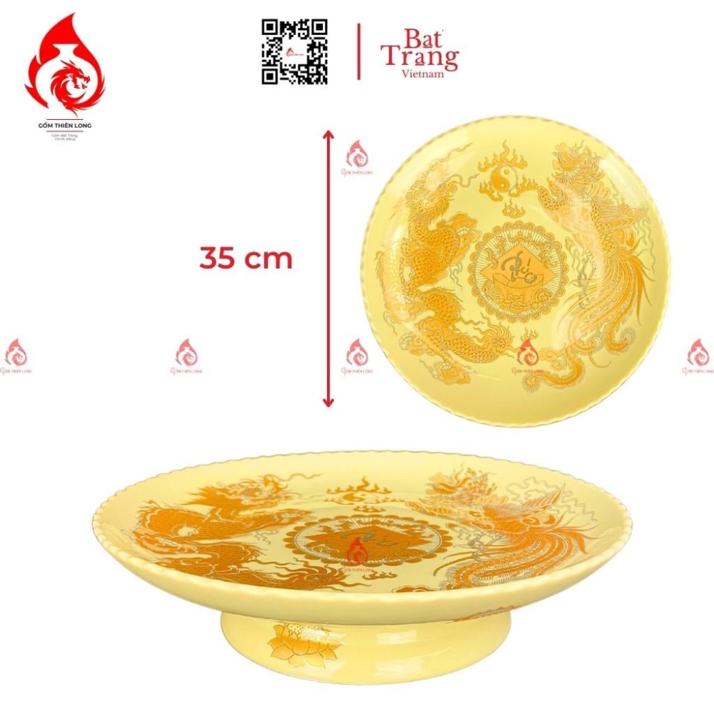 Mâm Bồng Sứ Men Vàng Vẽ Rồng Phượng 230882