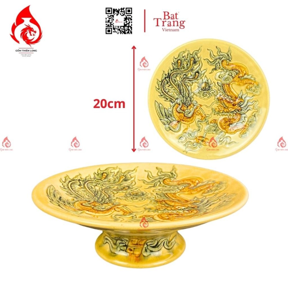 Mâm Bồng Sứ Men Rạn Vàng Hoàng Lưu Ly Rồng Phượng 230883R