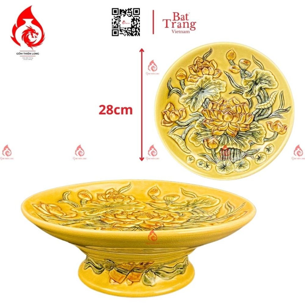 Mâm Bồng Sứ Men Rạn Vàng Hoàng Lưu Ly Đắp Hoa Sen 230883S
