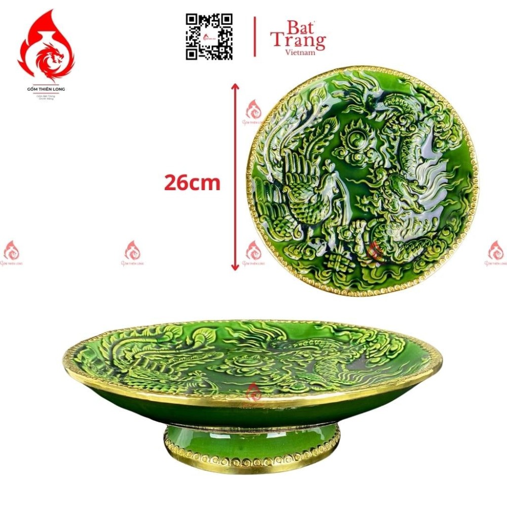 Mâm Bồng Sứ Men Xanh Ngọc Lục Bảo Rồng Phượng 230884R