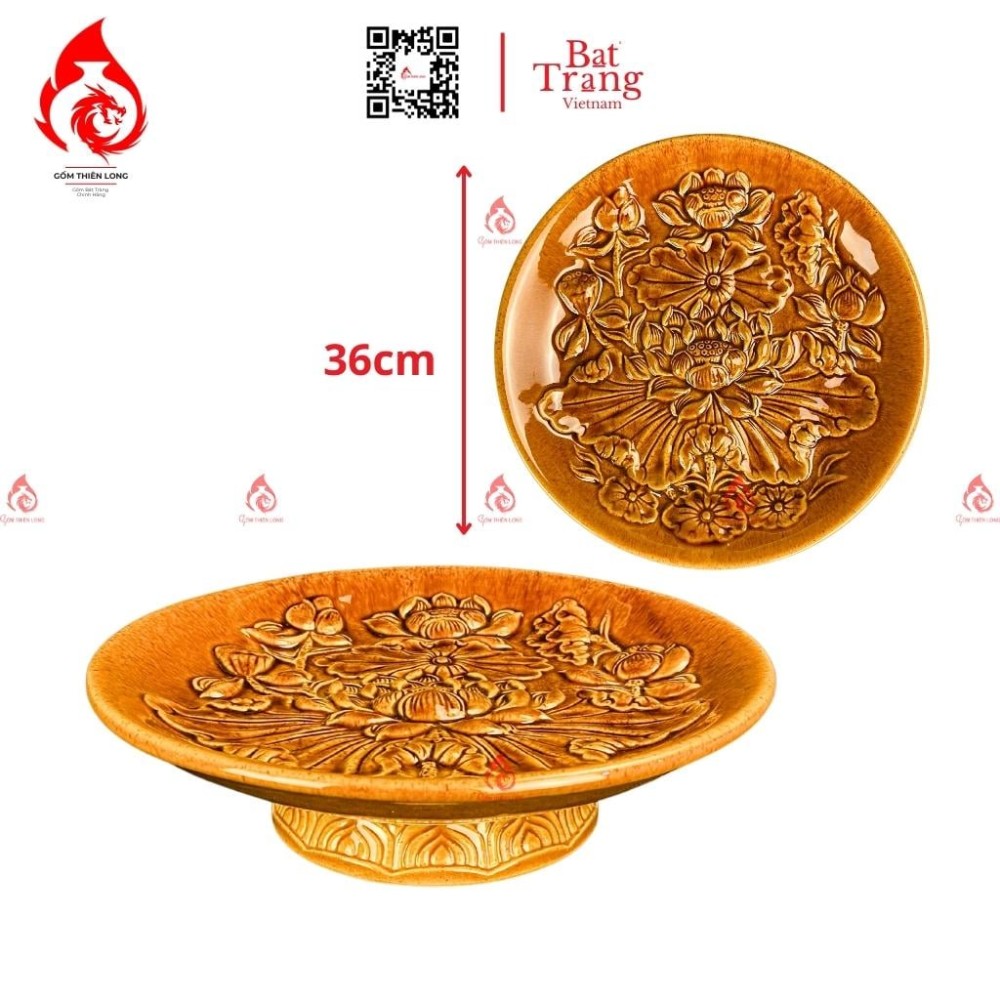 Mâm Bồng Sứ Men Hoàng Thổ Đắp Sen 230885S