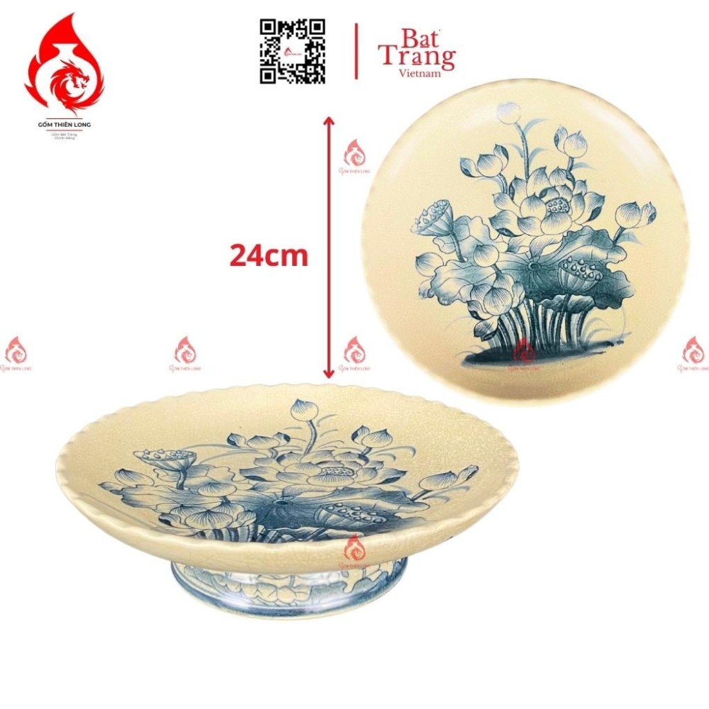 Mâm Bồng Sứ Men Rạn Vẽ Hoa Sen 230886S