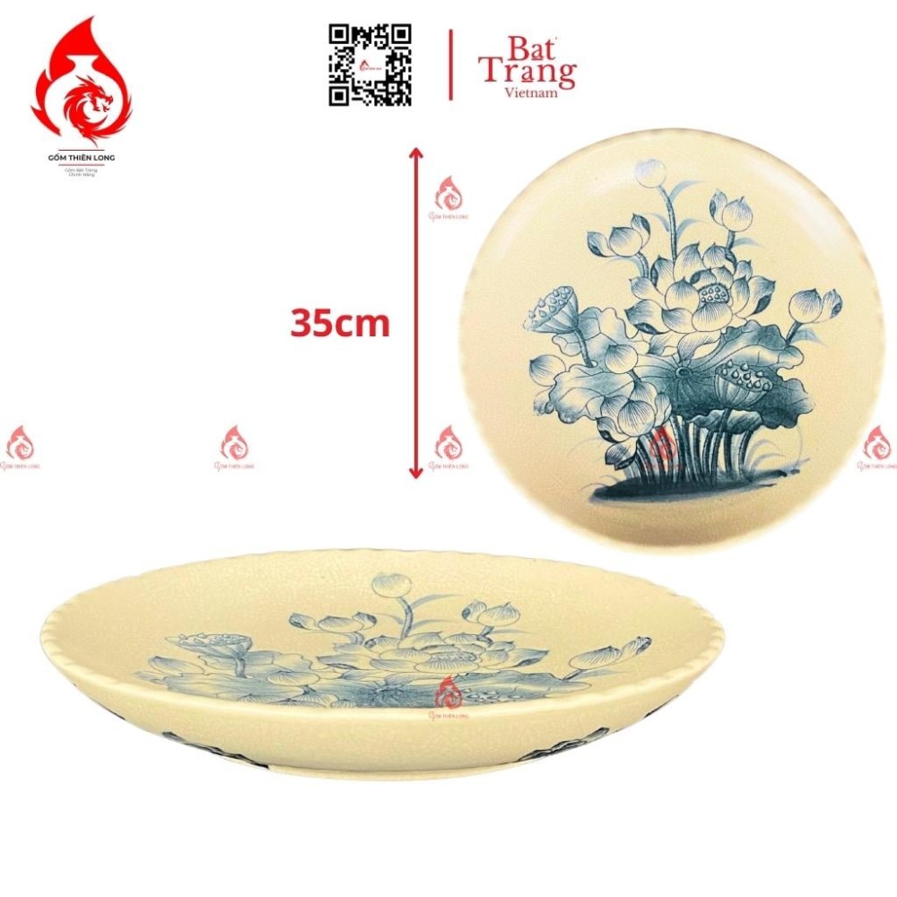 Mâm Bồng Sứ Đế Thấp Men Rạn Vẽ Hoa Sen 230887S