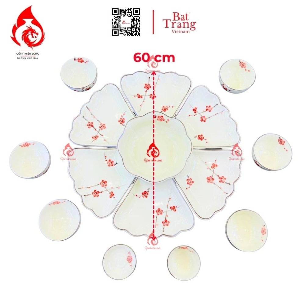Bộ Bát Đĩa Hoa Mặt Trời Vẽ Đào Đỏ 230905