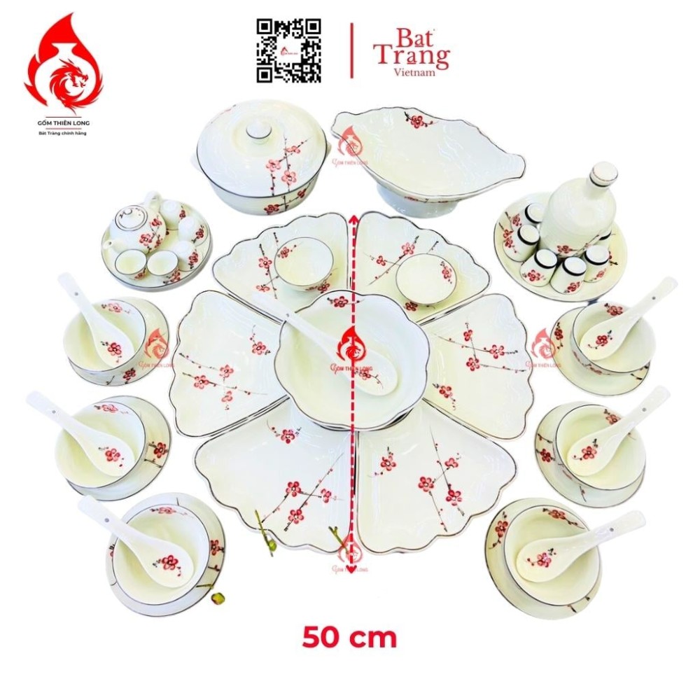 Bộ Bát Đĩa Hoa Mặt Trời Vẽ Đào Đỏ 230905