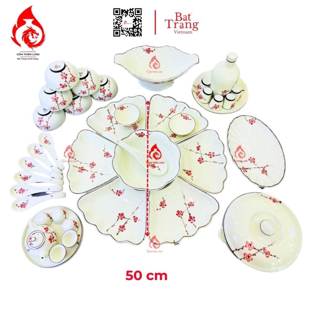 Bộ Bát Đĩa Hoa Mặt Trời Vẽ Đào Đỏ 230905