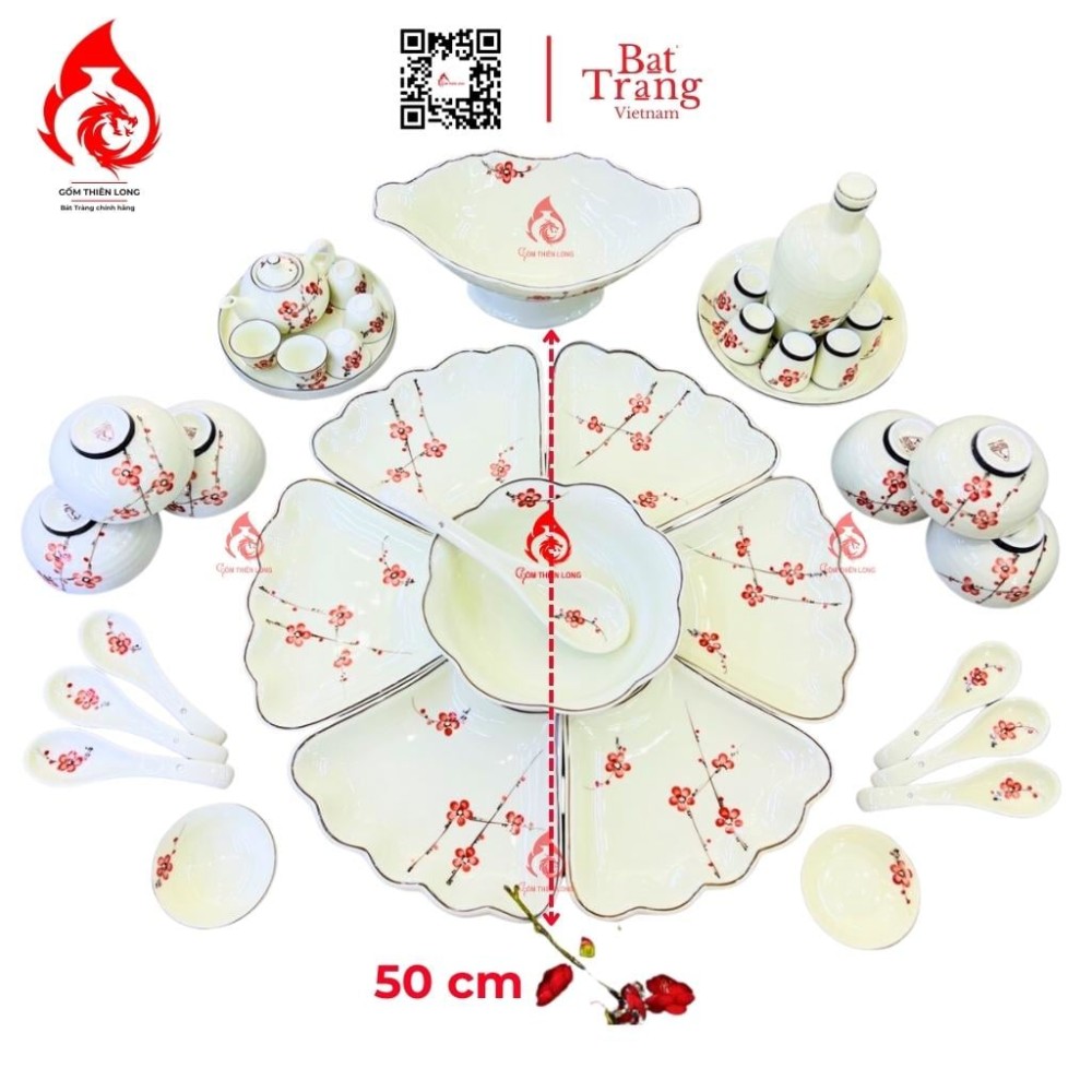 Bộ Bát Đĩa Hoa Mặt Trời Vẽ Đào Đỏ 230905
