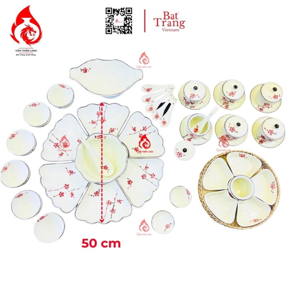 Bộ Bát Đĩa Hoa Mặt Trời Vẽ Đào Đỏ 230905