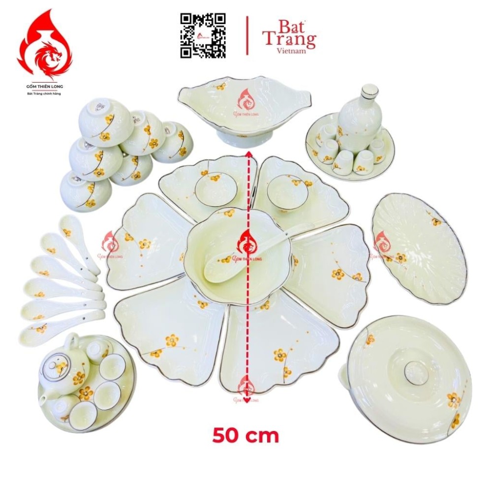 Bộ Bát Đĩa Hoa Mặt Trời Vẽ Mai Vàng 230906