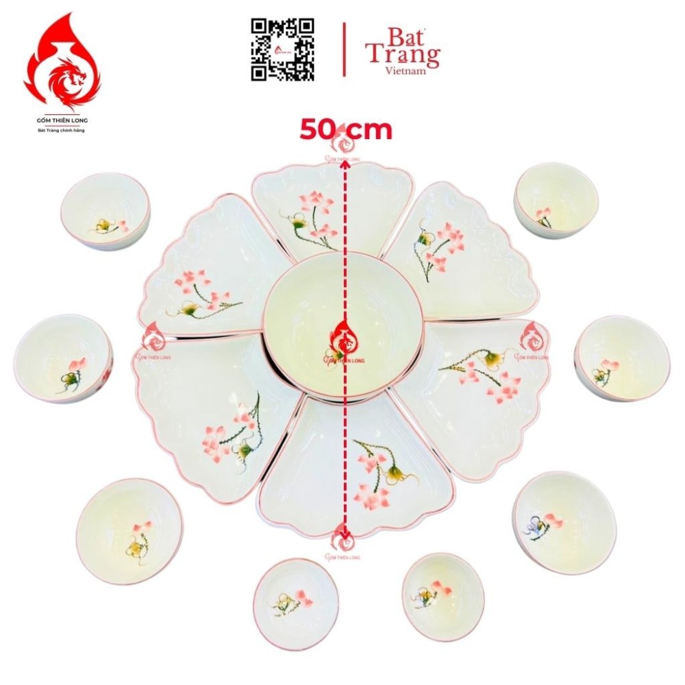 Bộ Bát Đĩa Hoa Mặt Trời Vẽ Sen Hồng 230908