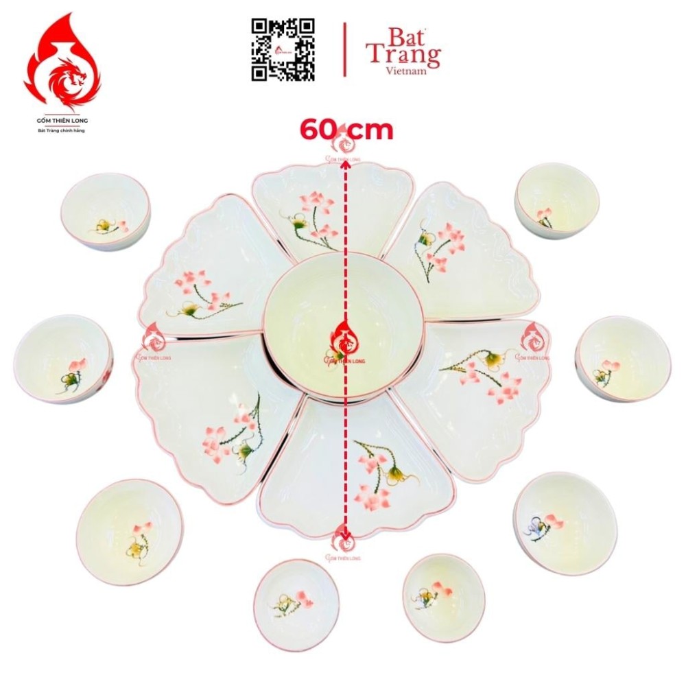Bộ Bát Đĩa Hoa Mặt Trời Vẽ Sen Hồng 230908