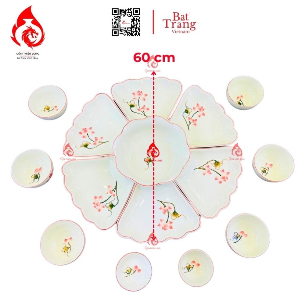 Bộ Bát Đĩa Hoa Mặt Trời Vẽ Sen Hồng 230908