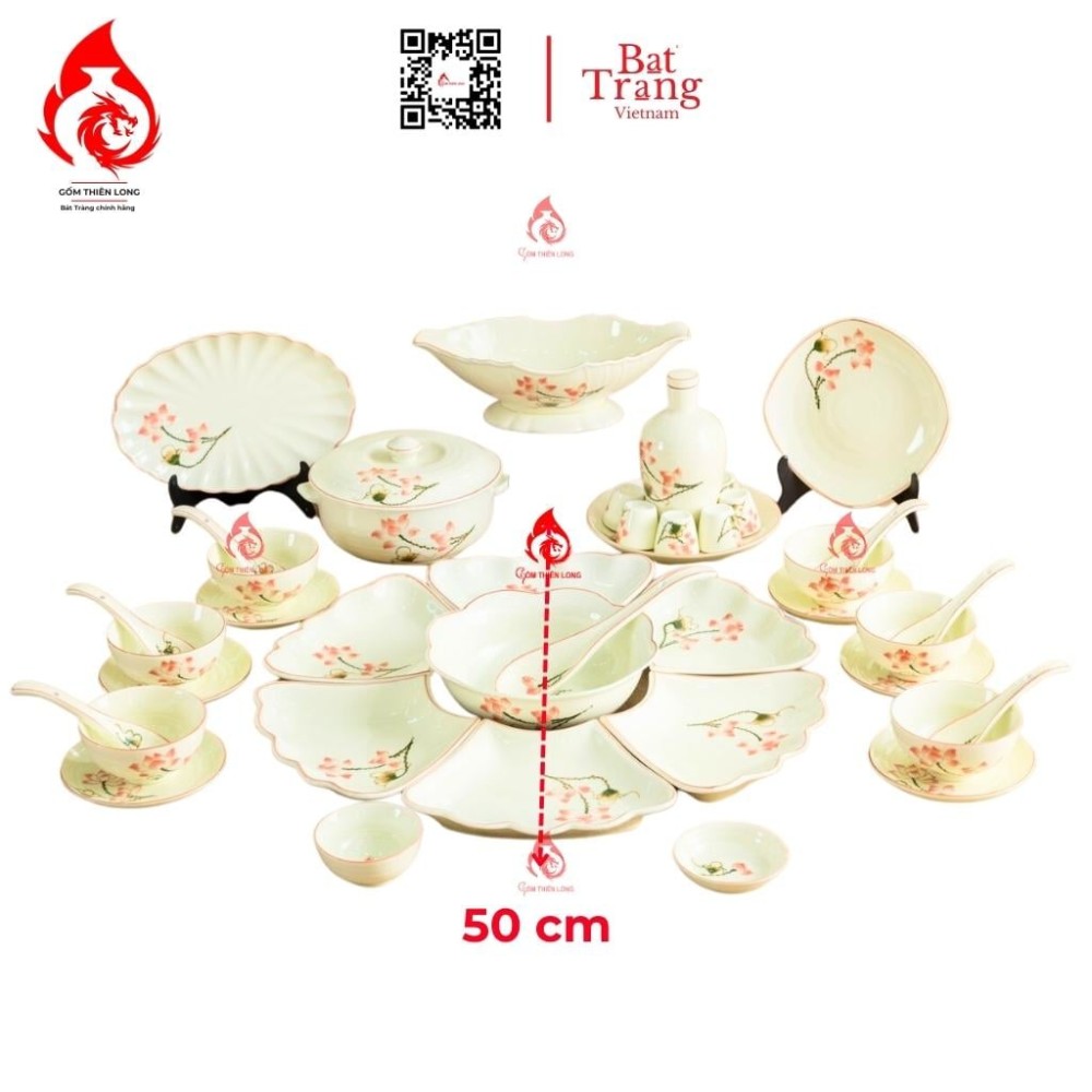 Bộ Bát Đĩa Hoa Mặt Trời Vẽ Sen Hồng 230908