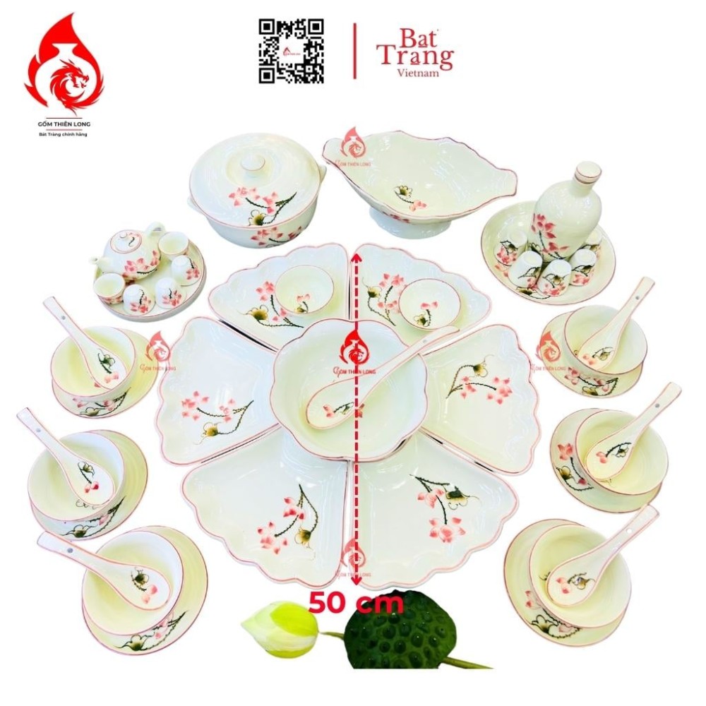 Bộ Bát Đĩa Hoa Mặt Trời Vẽ Sen Hồng 230908