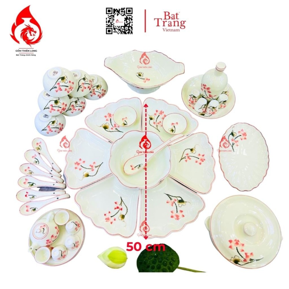 Bộ Bát Đĩa Hoa Mặt Trời Vẽ Sen Hồng 230908