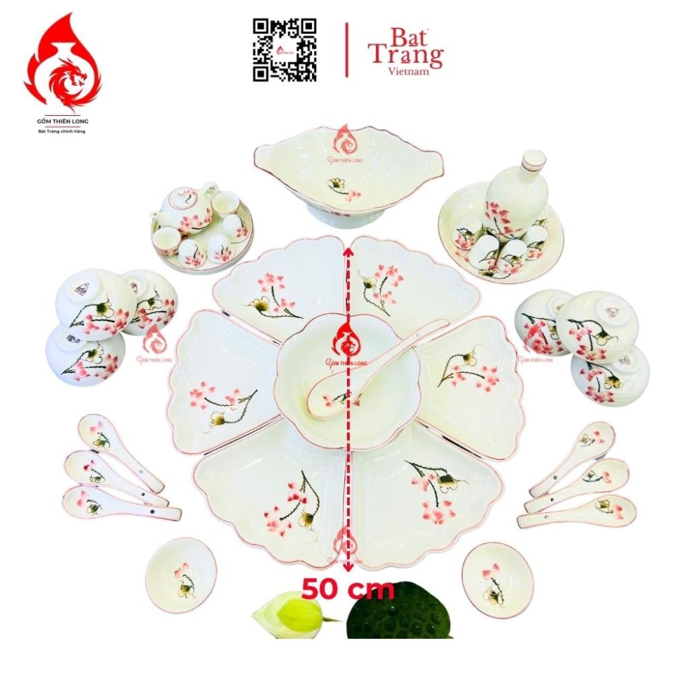 Bộ Bát Đĩa Hoa Mặt Trời Vẽ Sen Hồng 230908