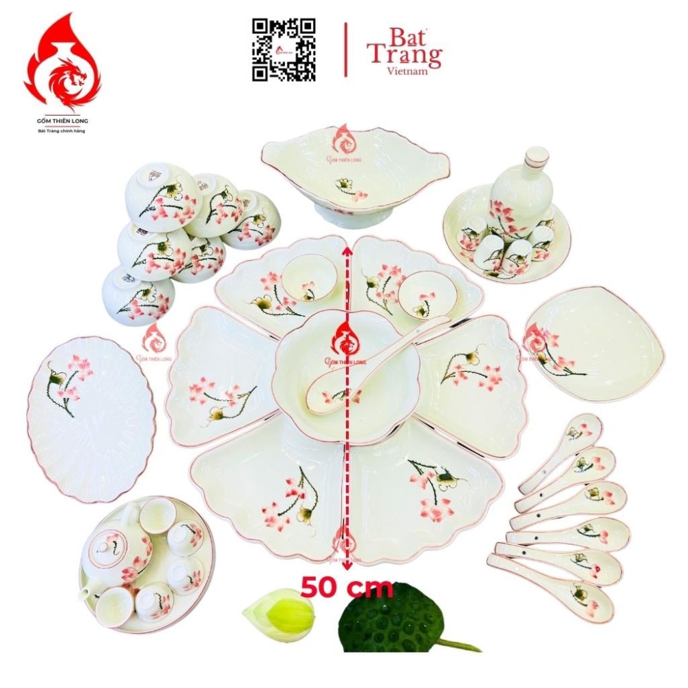 Bộ Bát Đĩa Hoa Mặt Trời Vẽ Sen Hồng 230908