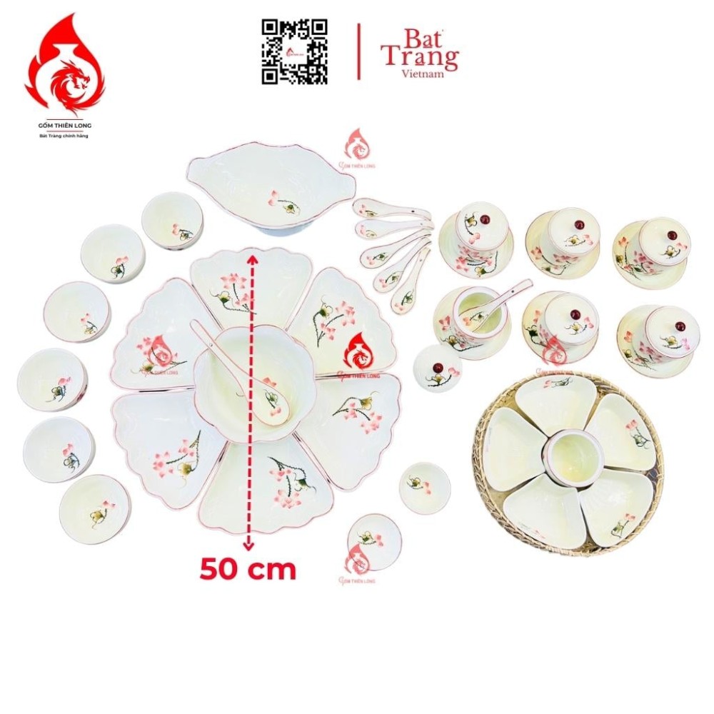 Bộ Bát Đĩa Hoa Mặt Trời Vẽ Sen Hồng 230908