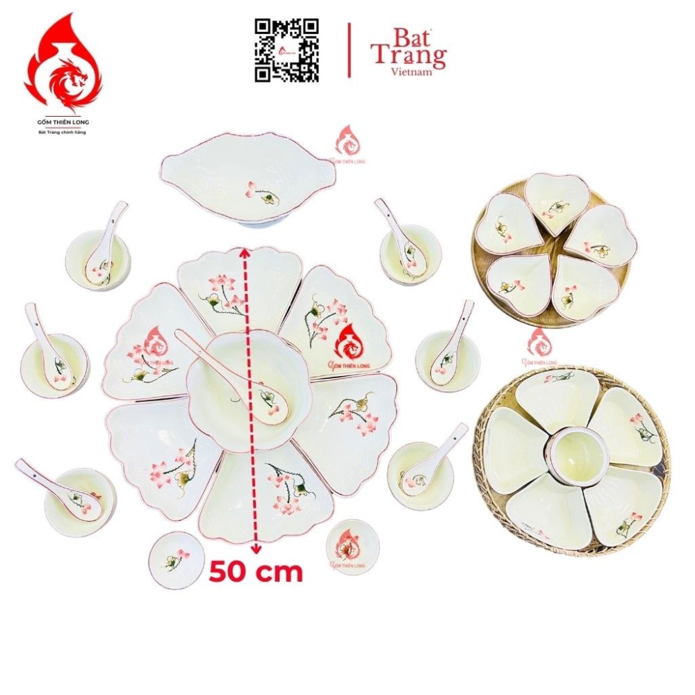 Bộ Bát Đĩa Hoa Mặt Trời Vẽ Sen Hồng 230908